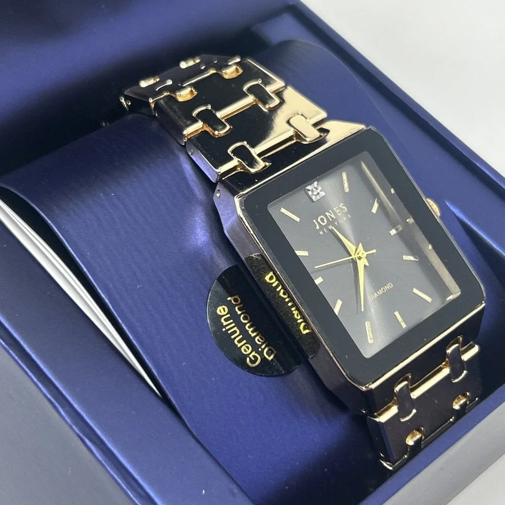NIB Jones New York Men's Watch Gold Band Black Face Genuine Diamond
